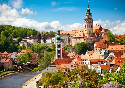 Beautiful view of church and castle in Cesky Krumlov, Czech republic
