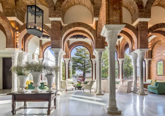 room with large sloping columns