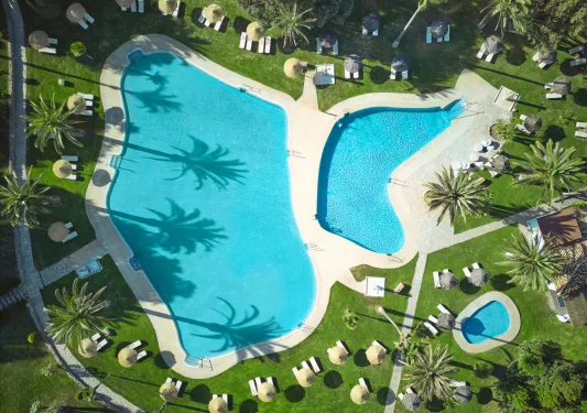 Arial view of abstractly shaped pool