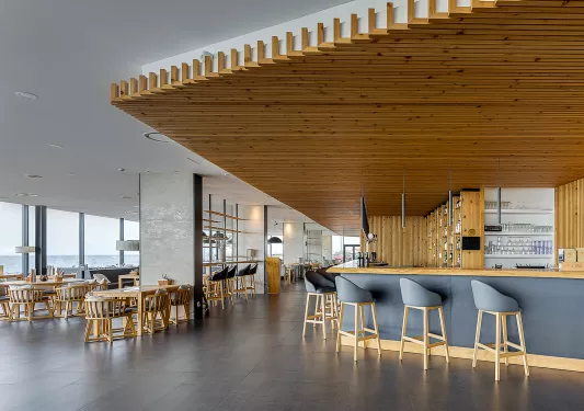 hotel cafe with wood furnishings