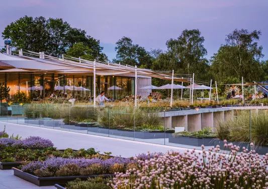 flowers surrounding a large covered patio