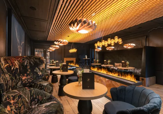 Bar and lounge with large cushioned chairs, circular tables and a fire pit in the center