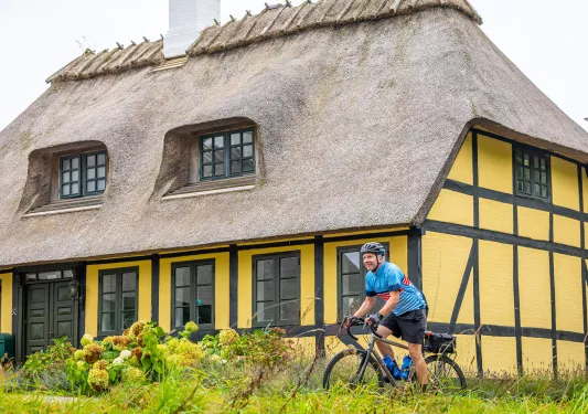 Biker biking in front of a yellow cottage style house