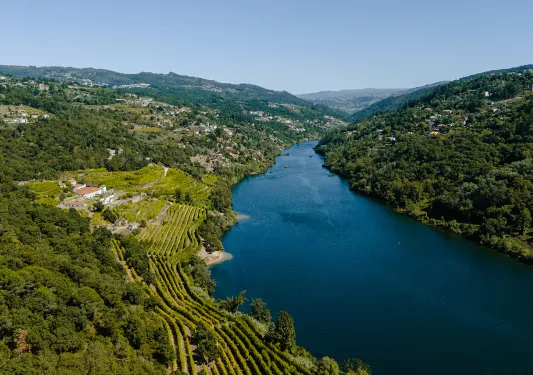 River cutting through two peninsulas of trees and houses