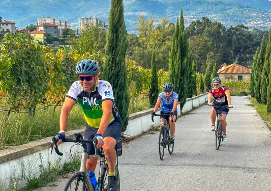 Three people riding bikes on a concrete road