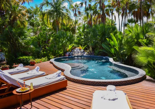 Outdoor circular pool surrounded by tall trees and reclining chairs