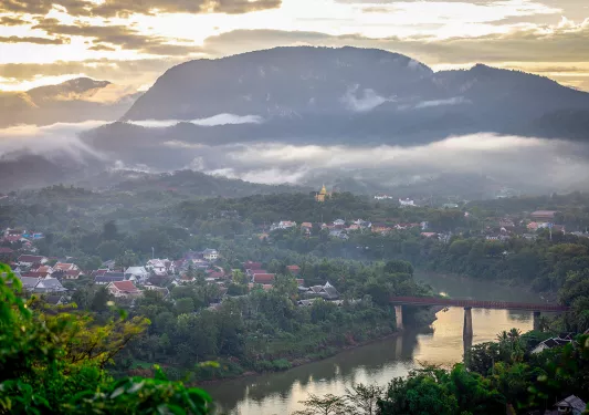 A small town by a mountain