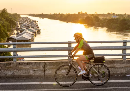 a cyclist on a bridge at sunset
