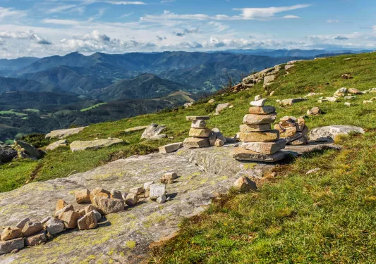 Rock slab with small towers of rocks in a grass valley