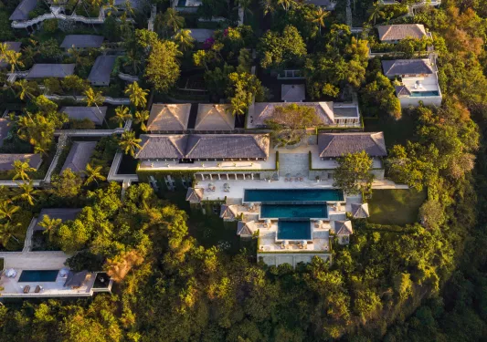 birds eye view of Amankila hotel featuring large swimming pool