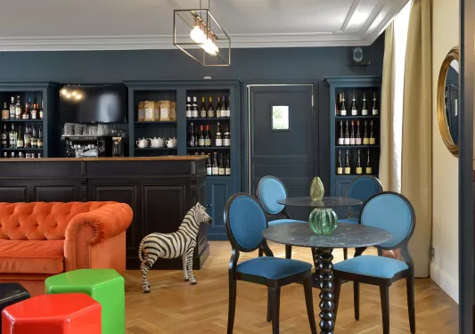 colorful living room with bar