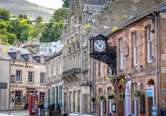 street lined with historic stone buildings