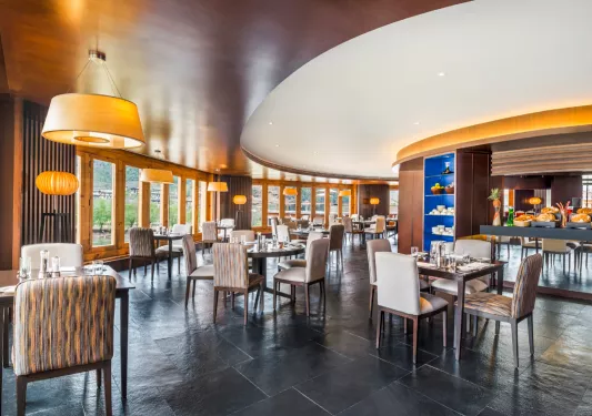 Indoor dining area in a circular building