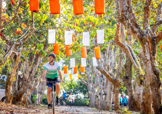Man biking under colorful flags