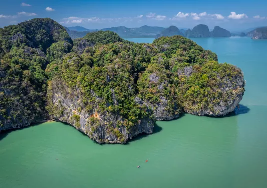 Large cliff covered with trees, surrounded by the ocean