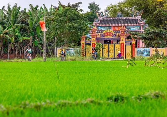 A green field with a colorful temple in the background