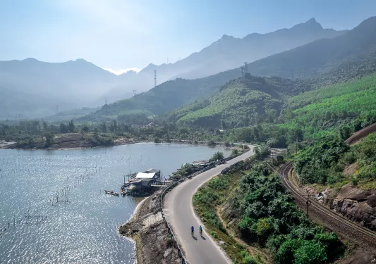 Aerial view of a water front road