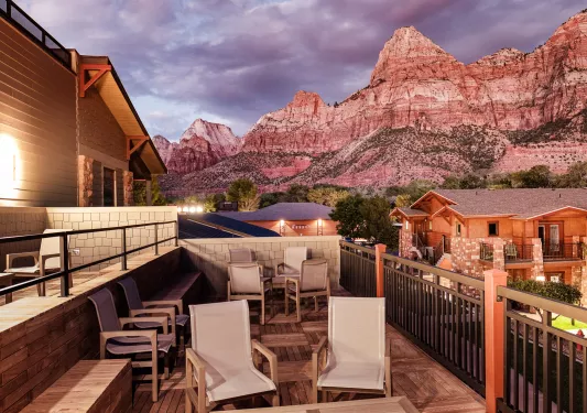 patio in front of mountain range