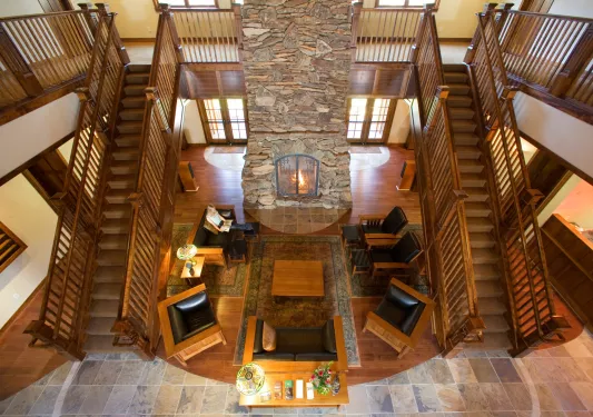 birds eye view of living room with fireplace
