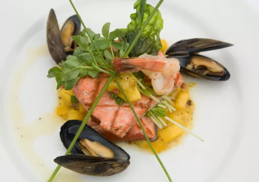 Plate of seafood consisting of salmon, shrimp and mussels