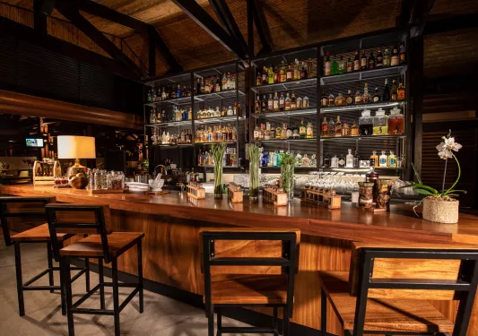 Indoor bar with wooden counters and stools, with vases on the counter