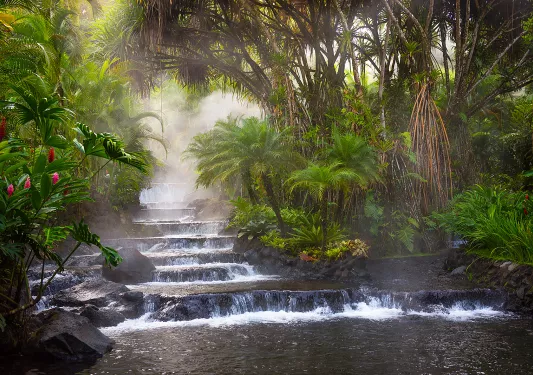 Natural hot spring waterfall, with small steps, surrounded by exotic trees and plants