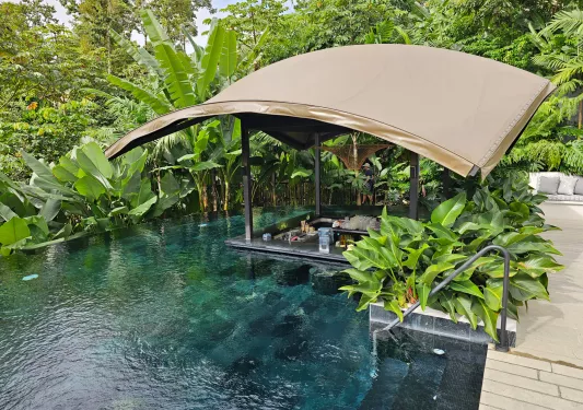 Pool with a wet bar and a canopy over, surrounded by tall green plants
