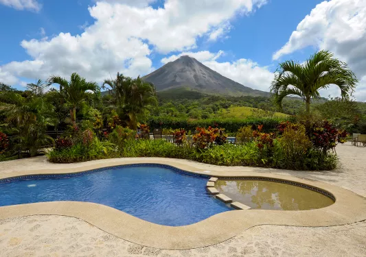 Outdoor pool surrounded by palm trees, with view of a volcano in the distance