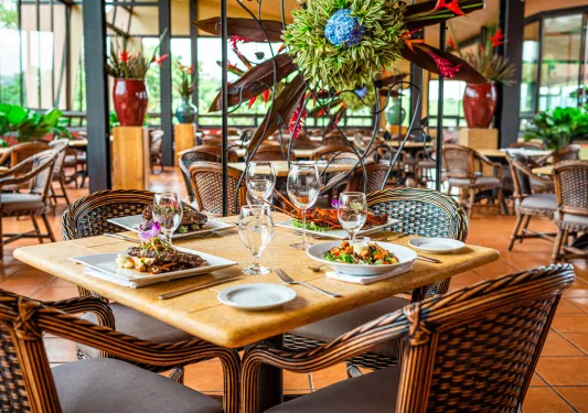 Dining table with plates of steak and lobster, with 4 glasses of wine
