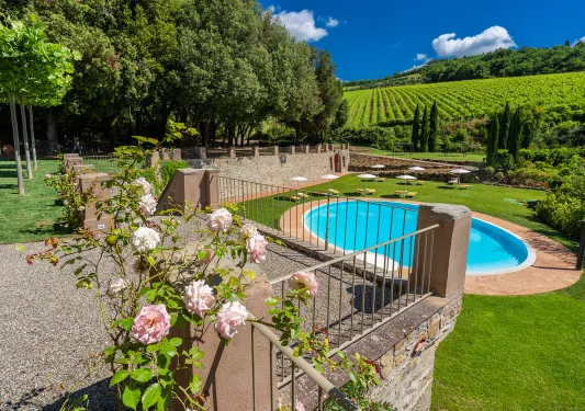 Stone balcony looking towards an outdoor pool, surrounded by a grass field and rows of crops