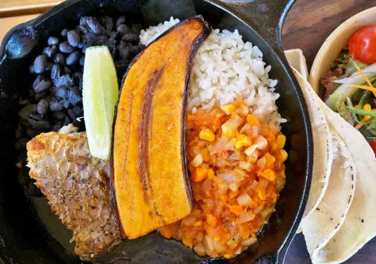 Plate of food with beans, rice, vegetables, grilled fish, and a plantain