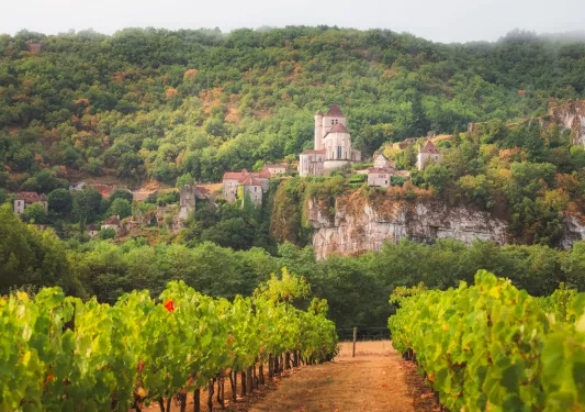 crop fields with stone building in the background