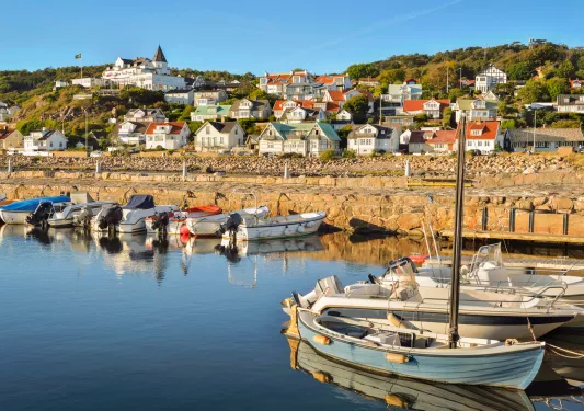 Small boats docked in a small port