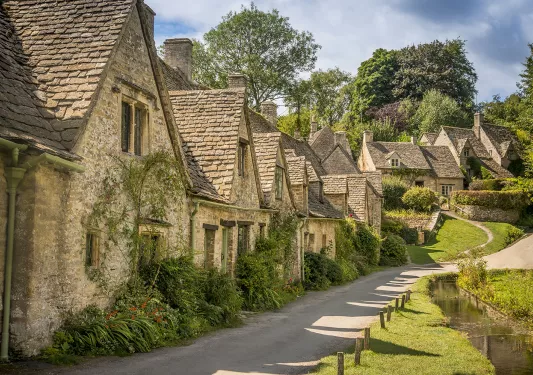 Rustic. brick houses along a narrow road