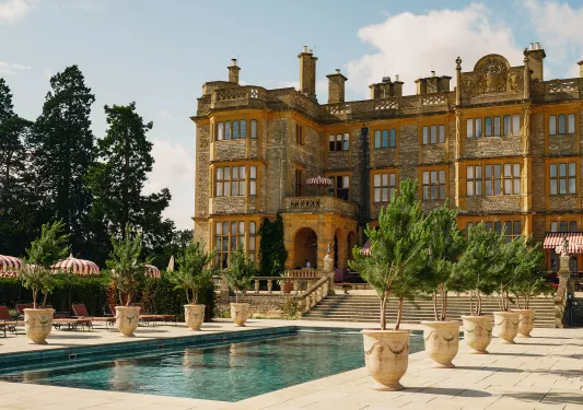 Castle-looking hotel with outdoor fountain