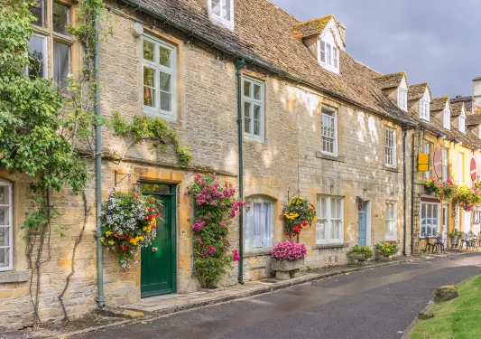 Brick buildings with flowers outside