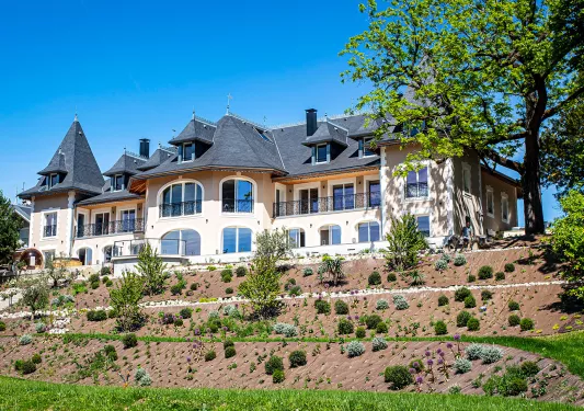 Outdoor view of hotel on a small hill