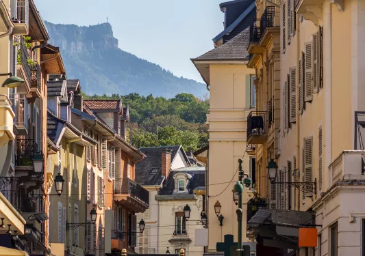 Alleyway with tall houses and light posts