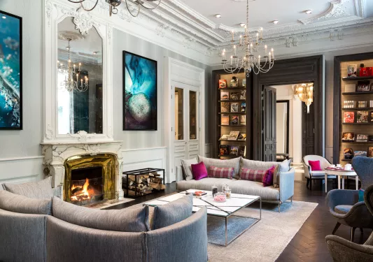 library room with fireplace