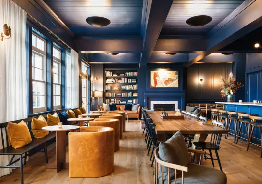 Indoor lounge with blue walls and brown, cushioned chairs