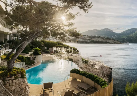 Outdoor infinity pool surrounded by trees, looking out to a large, open lake