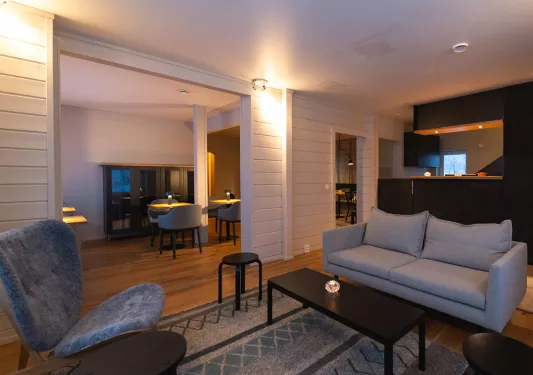 hotel lobby with grey chairs