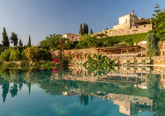Outdoor pool surrounded by large plants and a stone building in the background