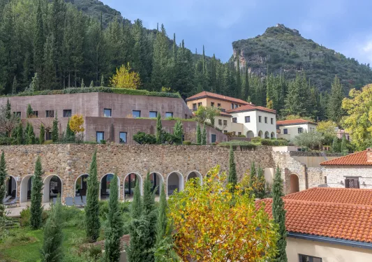 Stone buildings in front of a tall forest of trees