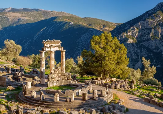 Aerial view of stone ruins in a forested area 