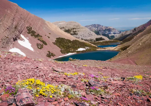 Pink and red rocks on a hill with a lake in the distance