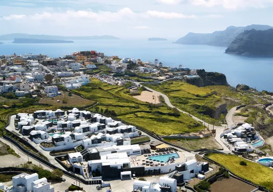 Top view of white villas in a small town