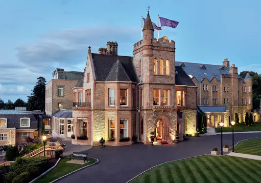 Outdoor view of rustic, castle-like building