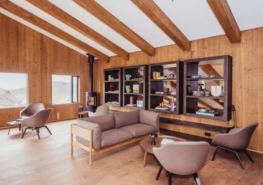 Indoor lounge with tan cushioned chairs and a furnace in the back