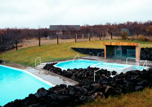 pool and hot tub in an orchard